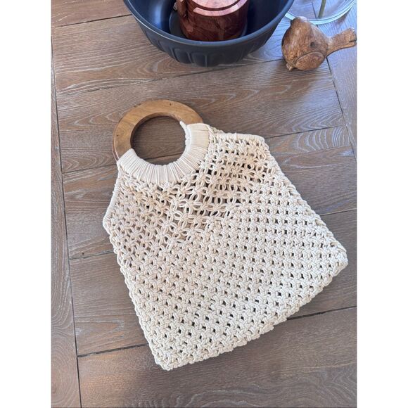Woven Tote with Wooden Handles - Picture 1 of 7